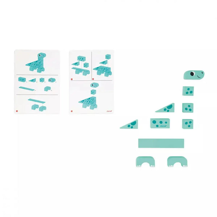 Janod Dino Cubikosaurus Wooden Dinosaurs Pieces and Build Card Picture