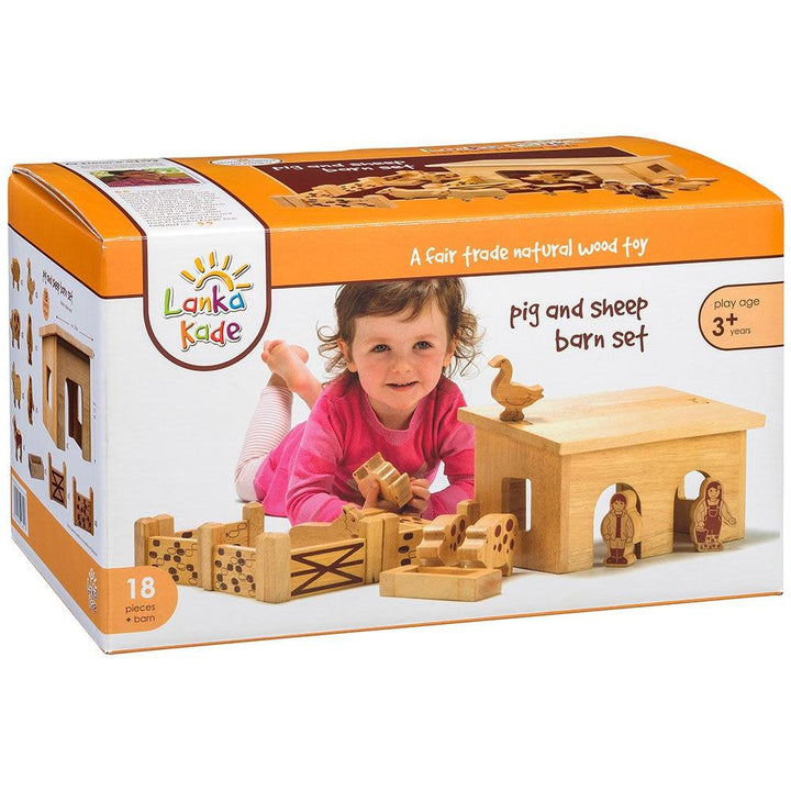 Lanka Kade Natural Wooden Pig & Sheep Barn Set with Colourful Characters Box Picture