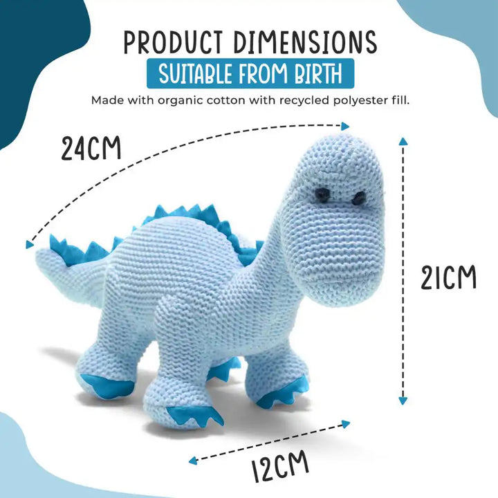 Blue Best Years knitted organic cotton Diplodocus baby rattle size information