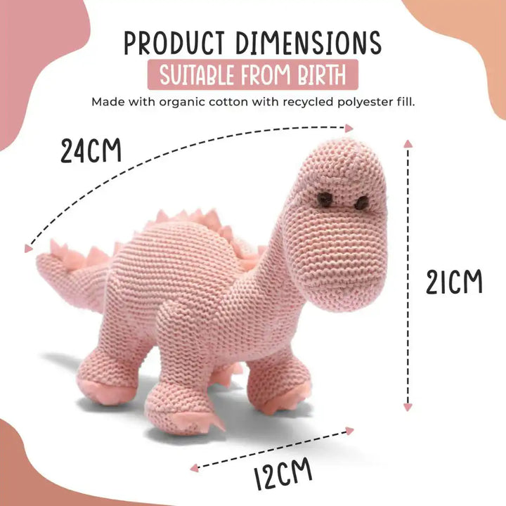Pink Best Years knitted organic cotton Diplodocus baby rattle size information