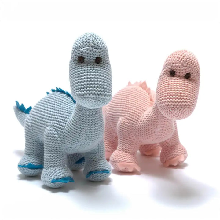 Best Years knitted organic cotton Diplodocus dinosaur baby rattle in blue and pink, soft prehistoric character toy