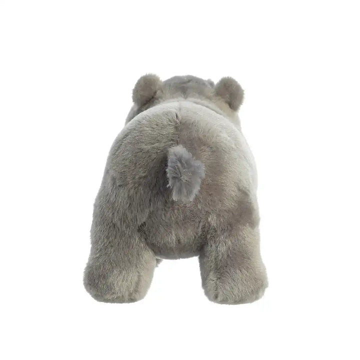 Aurora Eco Nation hippopotamus plush toy back view, showing smooth grey fur and tail details