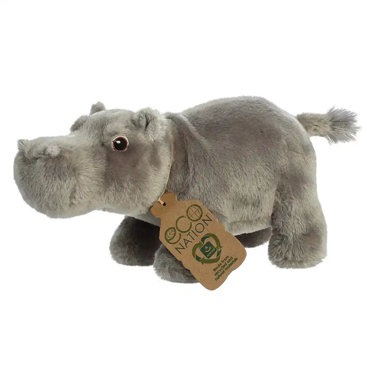 Aurora Eco Nation hippopotamus plush toy front view, eco-friendly soft stuffed animal with grey fur and detailed facial features
