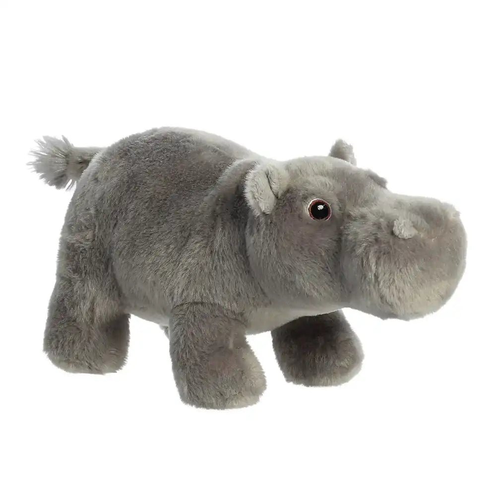 Aurora Eco Nation hippopotamus plush toy right side view, eco-friendly soft stuffed animal with detailed grey fur texture