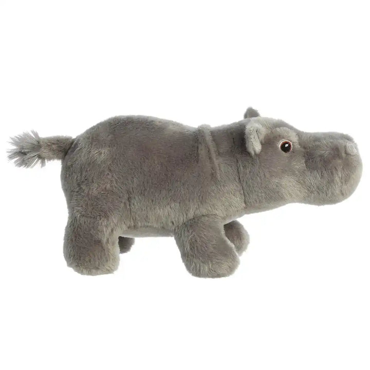 Aurora Eco Nation hippopotamus plush toy side view, sustainable soft stuffed animal with smooth grey fur and realistic design