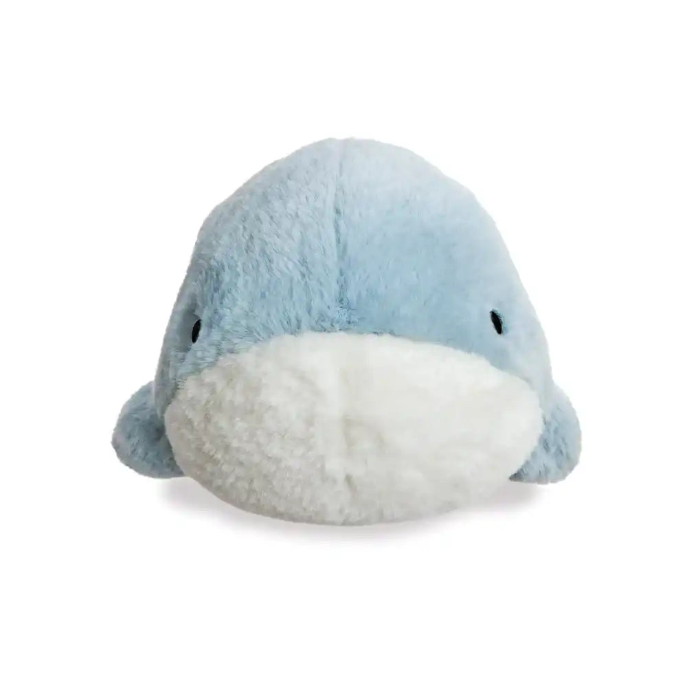 Aurora PomPom Kairi whale with blue body and white belly on a white background