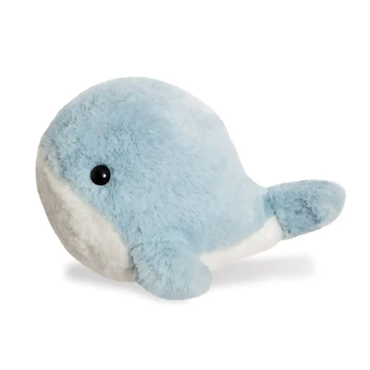 Aurora PomPom Kairi whale with blue body and white belly on a white background