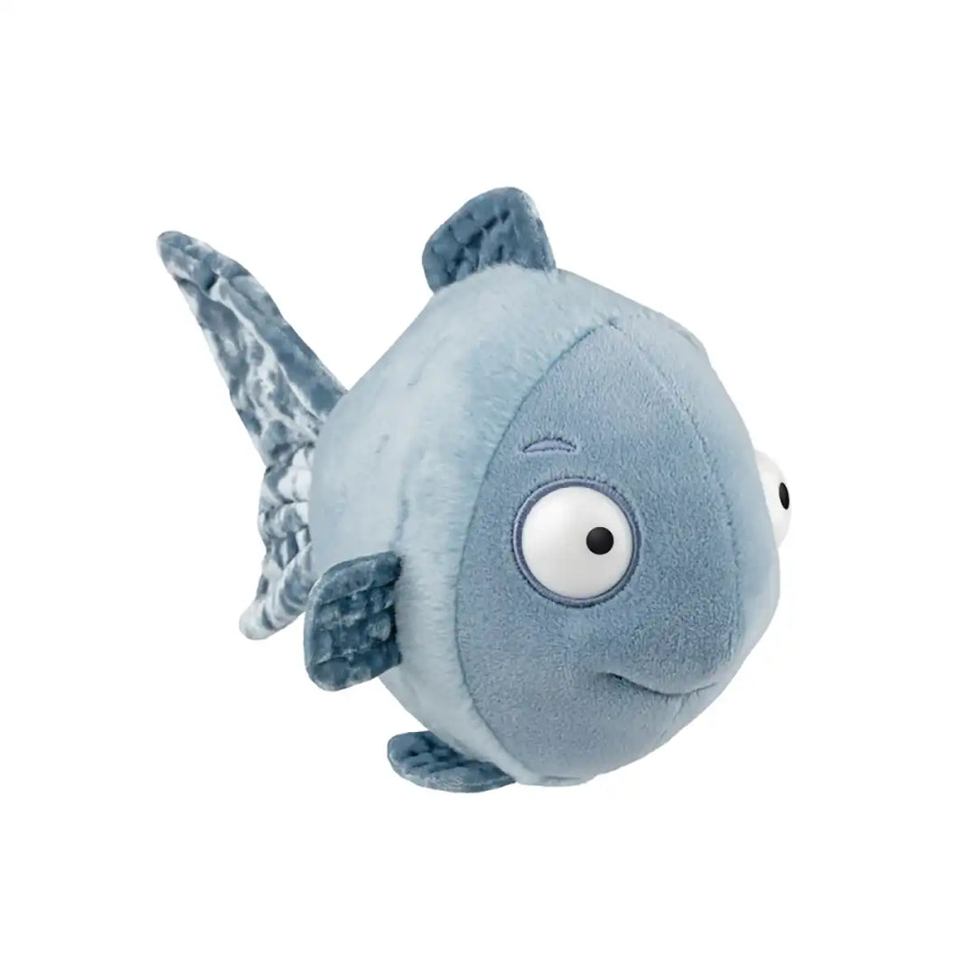 Aurora Tiddler blue fish-shaped plush toy on a white background