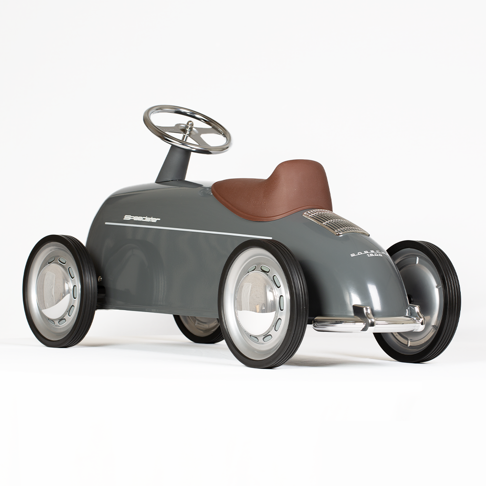 Baghera children's Porsche Speedster 365 toy car with a brown seat and silver steering wheel on a white background