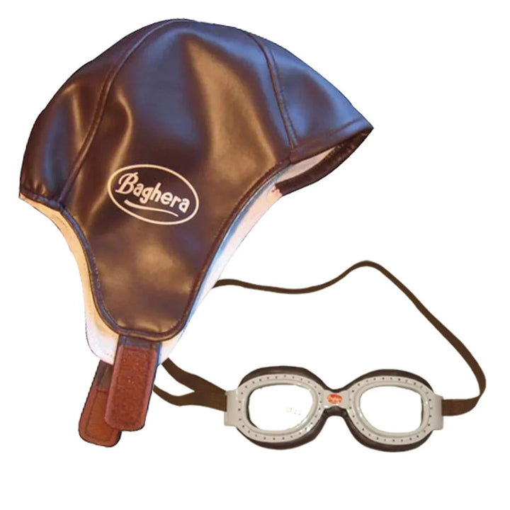 brown leatherette racing cap with 'Baghera' logo and goggles on a white background