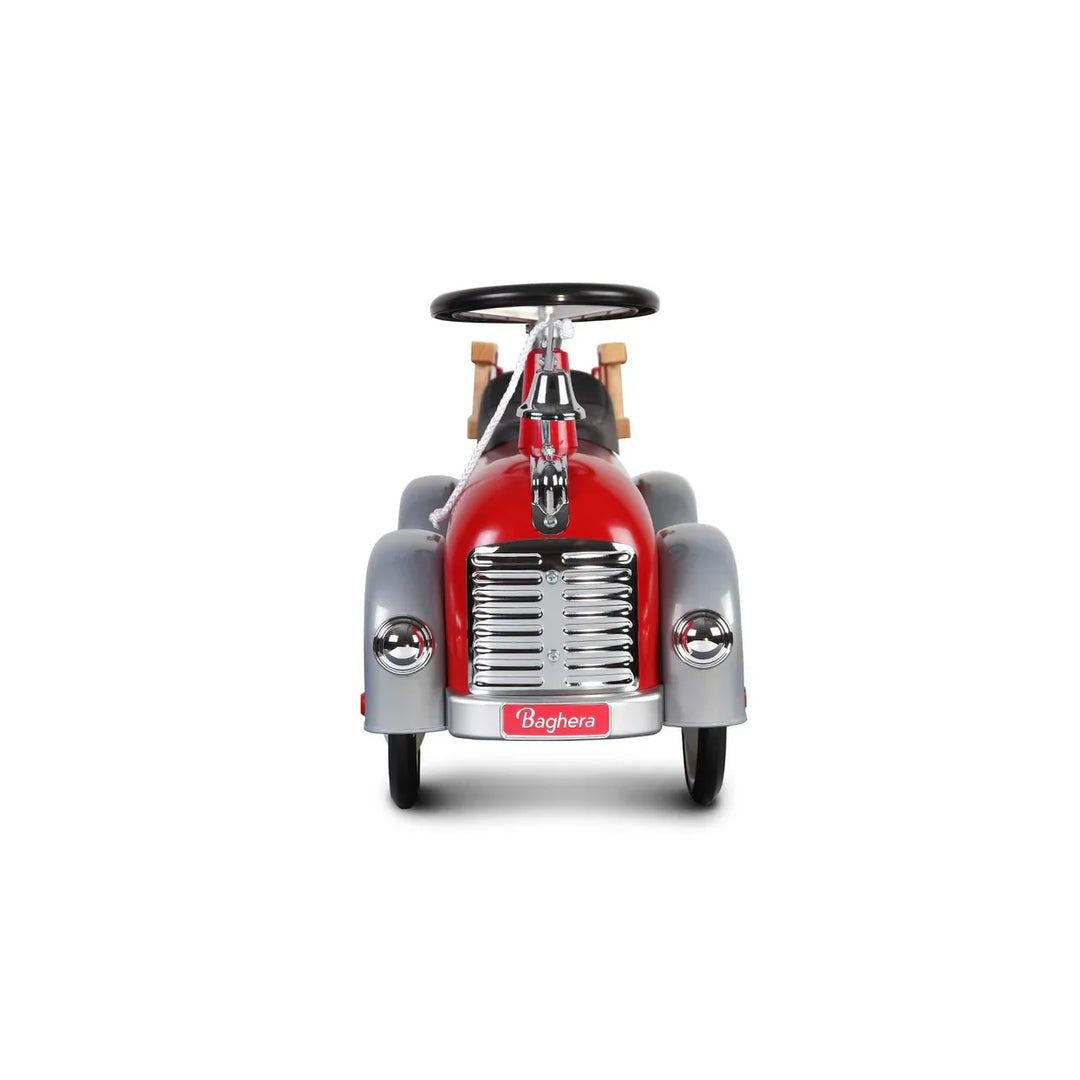 Baghera speedster red and silver child's pedal fire engine on a white background