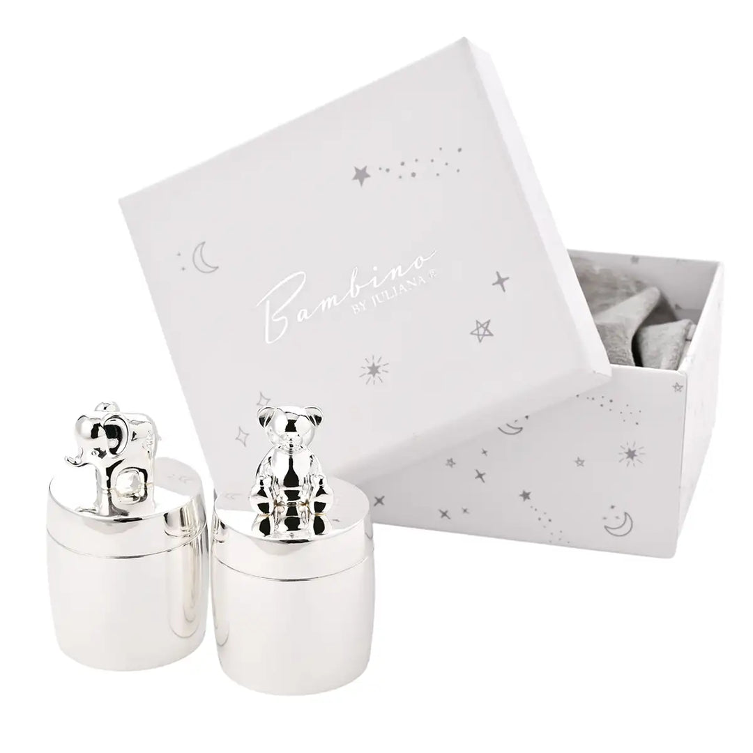 Bambino Silverplated Elephant and Teddy Tooth and Curl Boxes Picture with Box