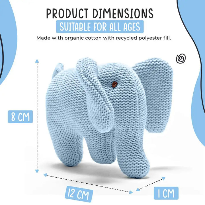 Blue Best Years knitted organic cotton elephant baby rattle, soft and eco-friendly infant toy size guide