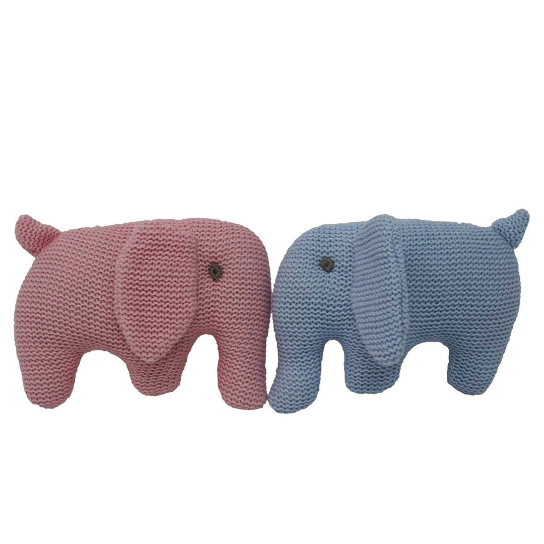 Best Years knitted organic cotton elephant baby rattle, soft and eco-friendly infant toy in blue and pink.