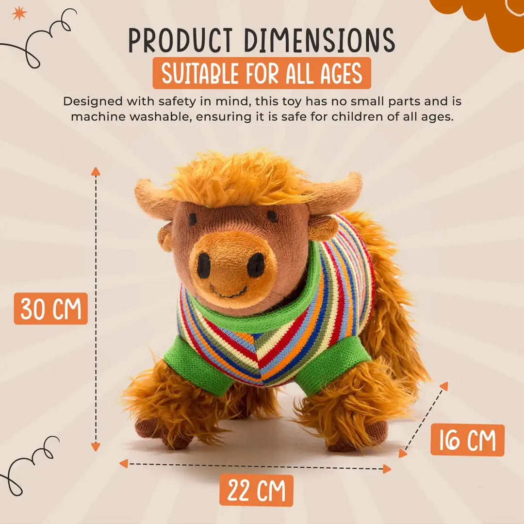 Best Years plush knitted highland cow wearing a colourful sweater