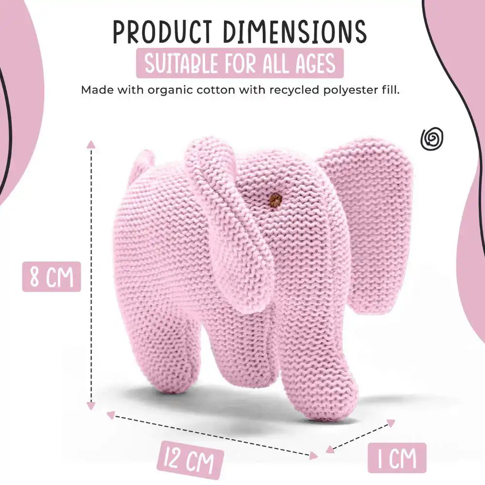 Pink Best Years knitted organic cotton elephant baby rattle, soft and safe toy for newborns size guide