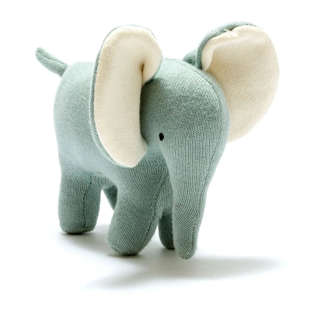 Best Years organic knitted Ellis elephant toy in a pale sage green colour with cream-colored ears, shown on a clean white background.