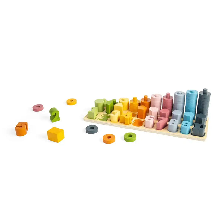 Bigjigs Toys colourful wooden 1 to 10 numbers and shapes counting board on a white background