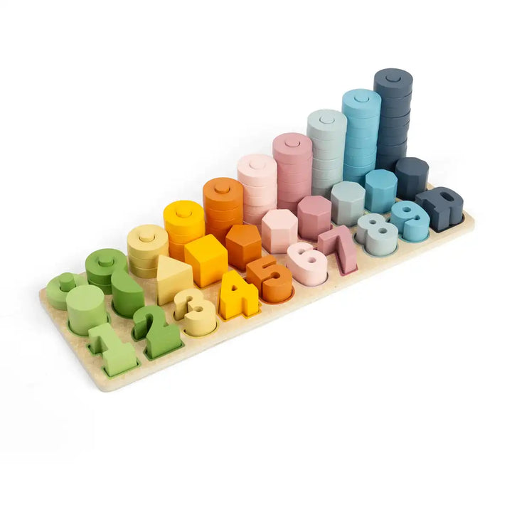Bigjigs Toys colourful wooden 1 to 10 numbers and shapes counting board on a white background