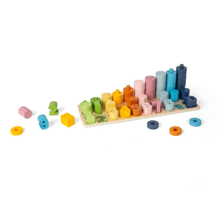 Bigjigs Toys colourful wooden 1 to 10 numbers and shapes counting board on a white background
