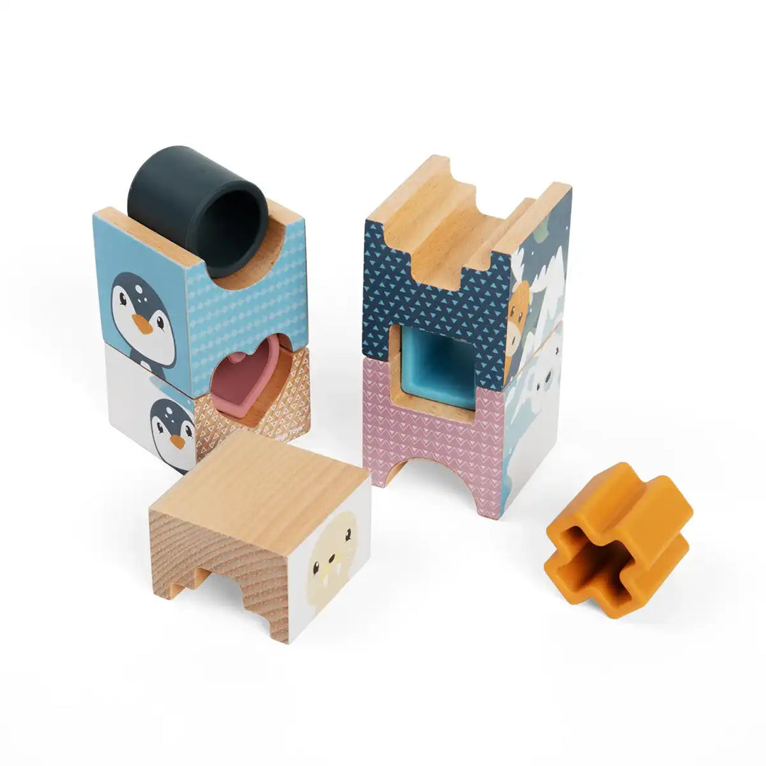 Bigjigs Toys wooden arctic tower stacking puzzle on a white background