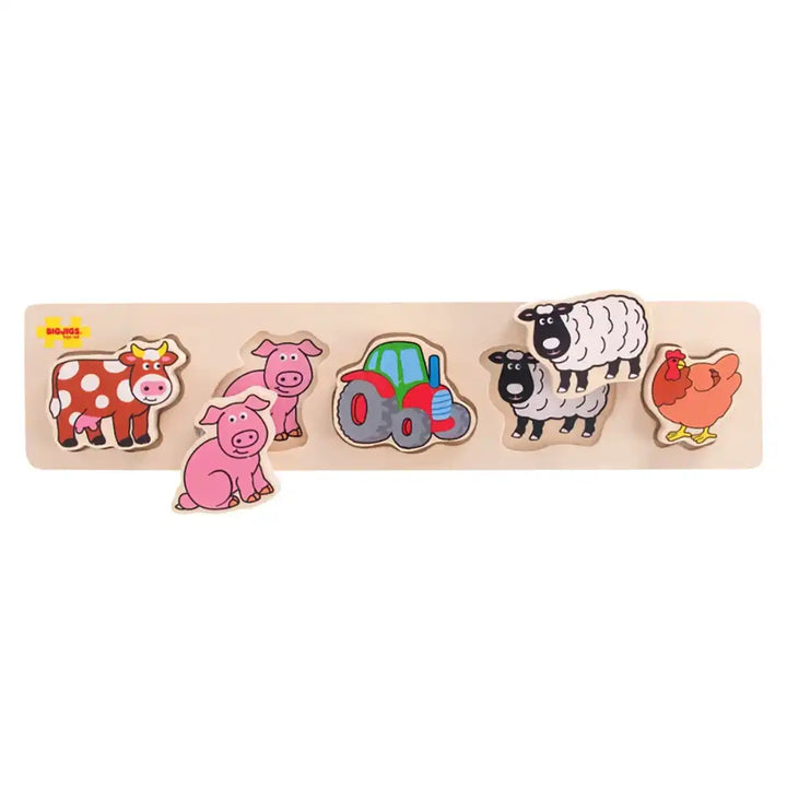 Bigjigs Toys chunky wooden puzzle with farm animal figures on a white background