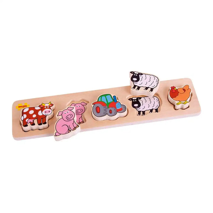 Bigjigs Toys chunky wooden puzzle with farm animal figures on a white background