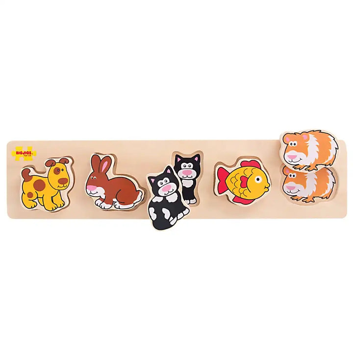 Bigjigs Toys chunky wooden puzzle with pet animal figures on a white background