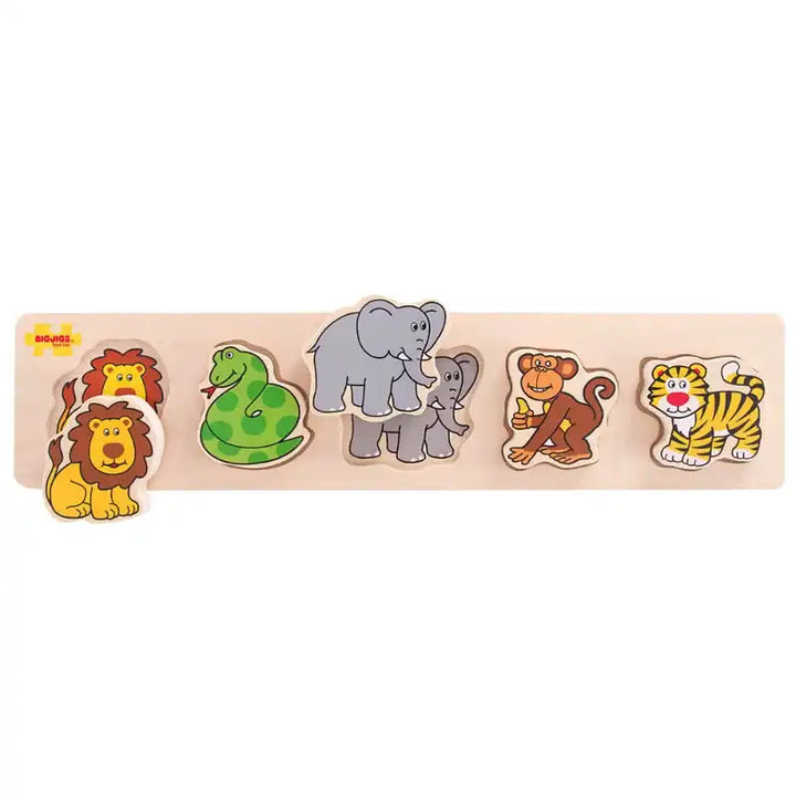 Bigjigs Toys chunky wooden puzzle with safari animal figures on a white background