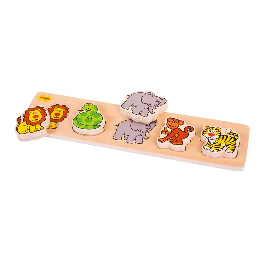 Bigjigs Toys chunky wooden puzzle with safari animal figures on a white background