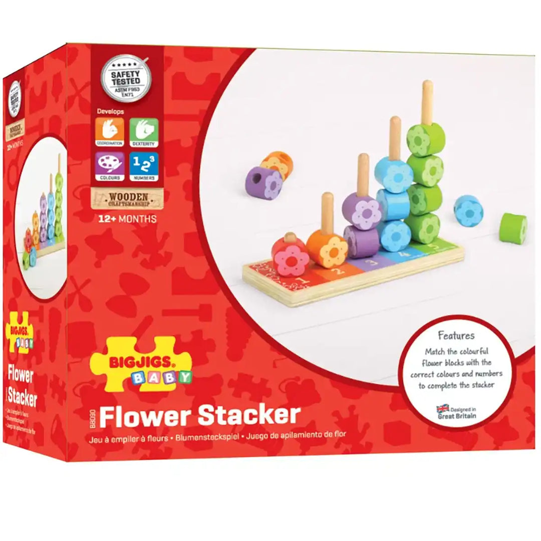 Bigjigs Toys colourful wooden first flower stacker box