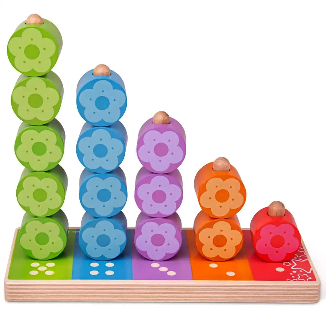 Bigjigs Toys colourful wooden first flower stacker with numbered steps and flower-shaped blocks on a white background