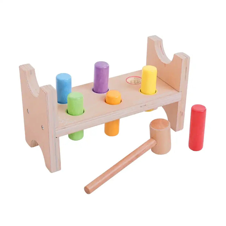 Bigjigs Toys wooden first hammer bench toy with colourful pegs and a hammer on a white background