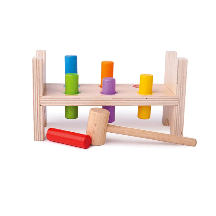 Bigjigs Toys wooden first hammer bench toy with colourful pegs and a hammer on a white background