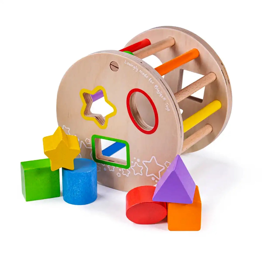 Bigjigs Toys wooden first rolling shape sorter with colourful shapes on a white background