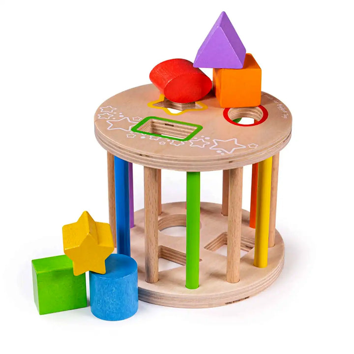 Bigjigs Toys wooden first rolling shape sorter with colourful shapes on a white background