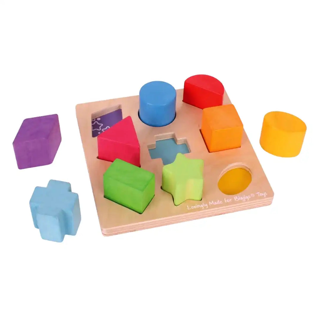Bigjigs Toys colourful wooden first shapes sorter with shaped blocks on a white background