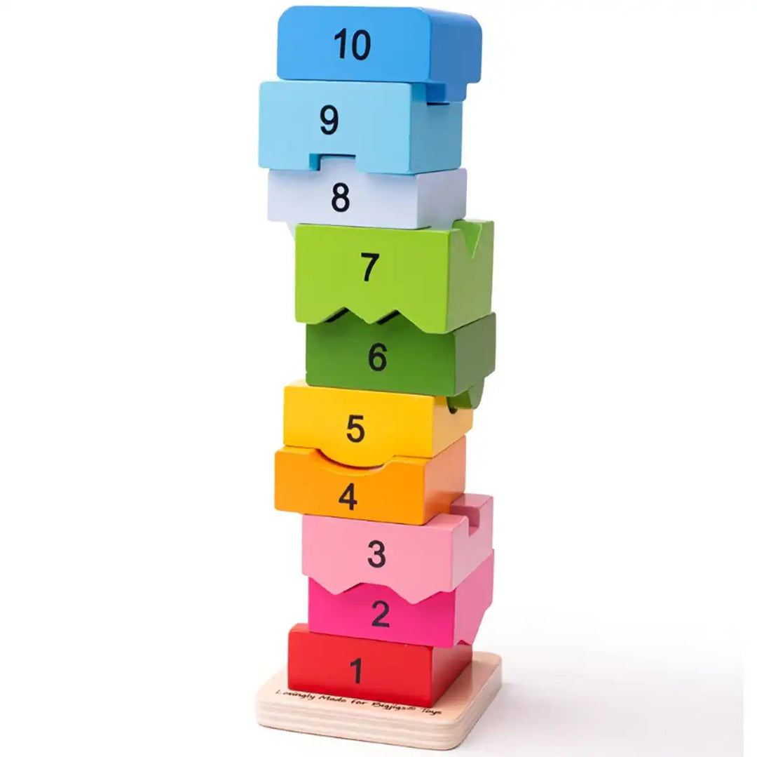 Bigjigs Toys colourful number tower toy with ascending numbers on a white background