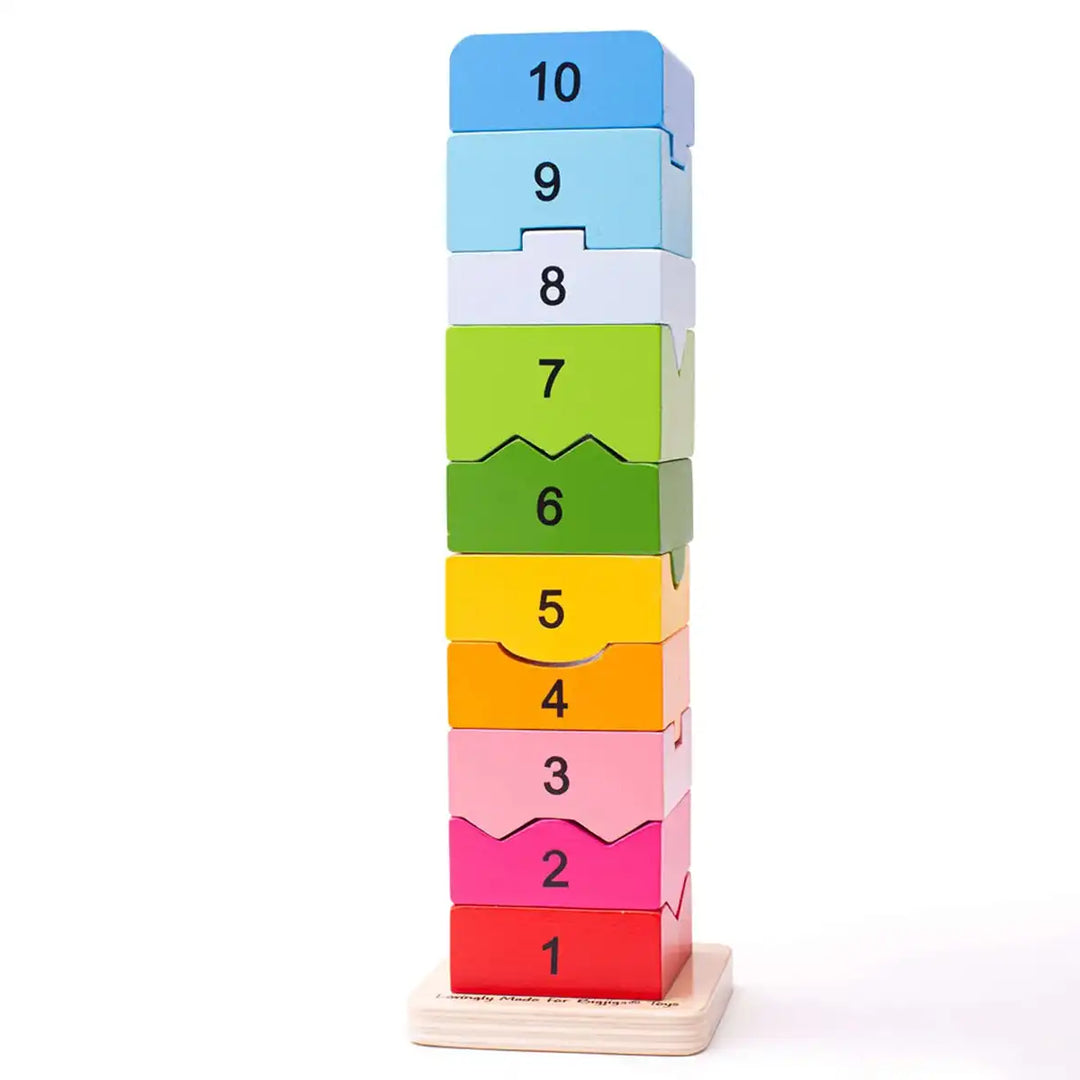 Bigjigs Toys colourful number tower toy with ascending numbers on a white background