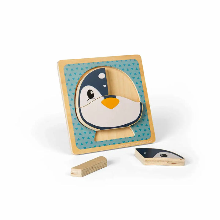 Bigjigs Toys children's wooden puzzle of a penguin face on a blue background