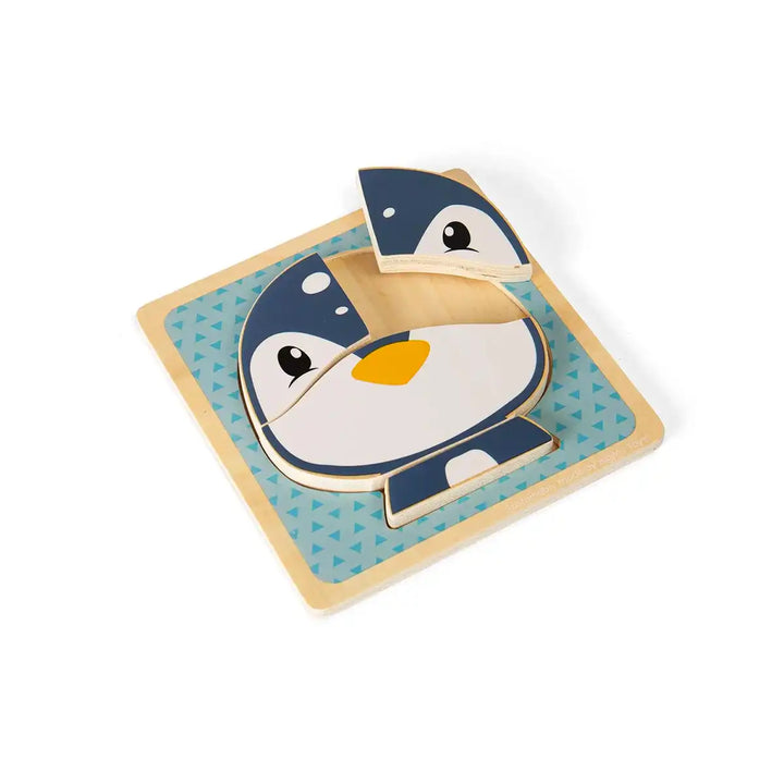 Bigjigs Toys children's wooden puzzle of a penguin face on a blue background