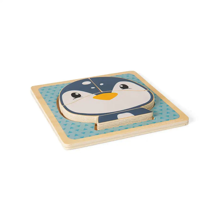 Bigjigs Toys children's wooden puzzle of a penguin face on a blue background
