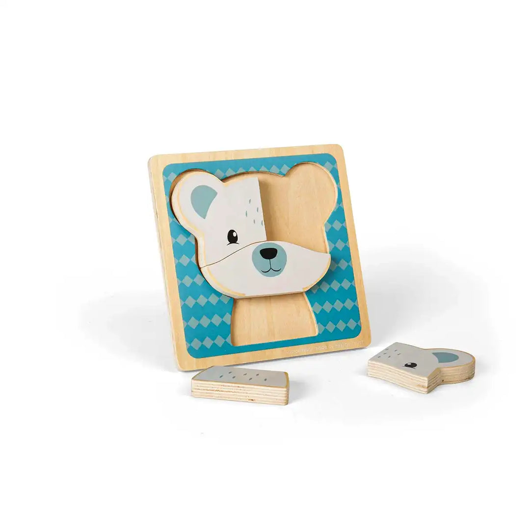 Bigjigs Toys children's wooden puzzle of a bear face on a blue background