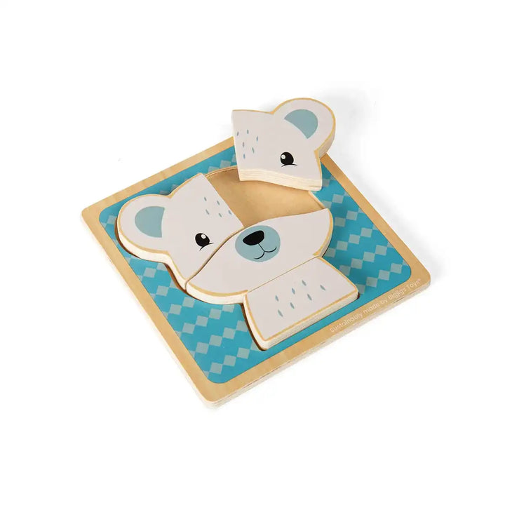 Bigjigs Toys children's wooden puzzle of a bear face on a blue background