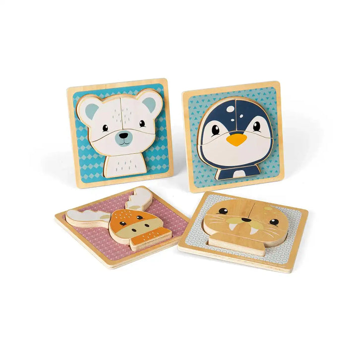 Bigjig Toys set of four animal-themed wooden puzzles on a white background