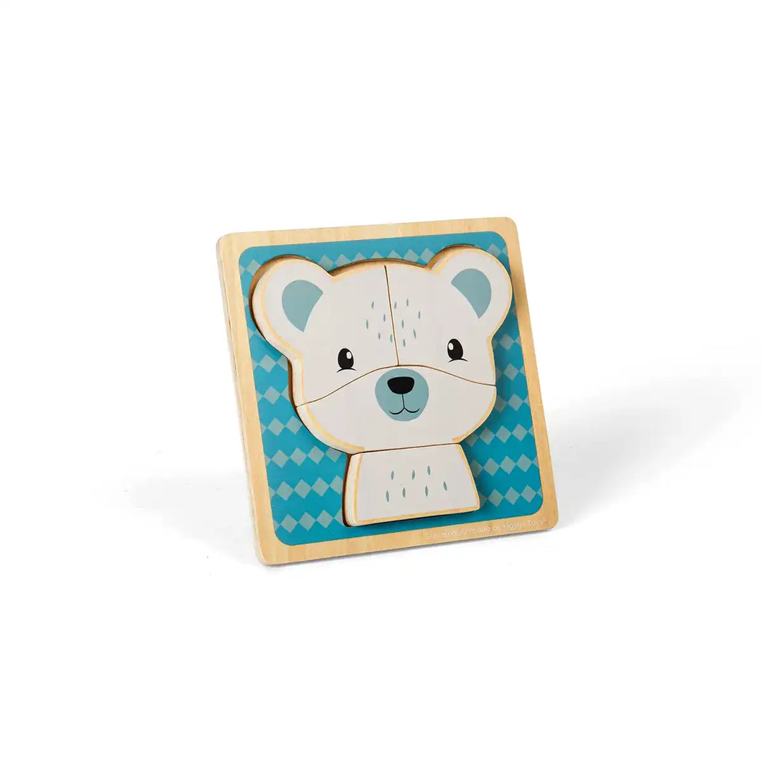 Bigjigs Toys children's wooden puzzle of a bear face on a blue background