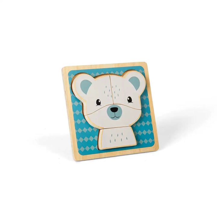 Bigjigs Toys children's wooden puzzle of a bear face on a blue background