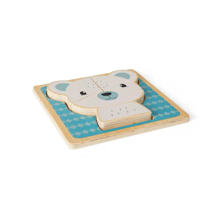 Bigjigs Toys children's wooden puzzle of a bear face on a blue background