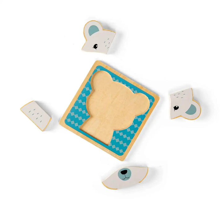 Bigjigs Toys children's wooden puzzle of a bear face on a blue background