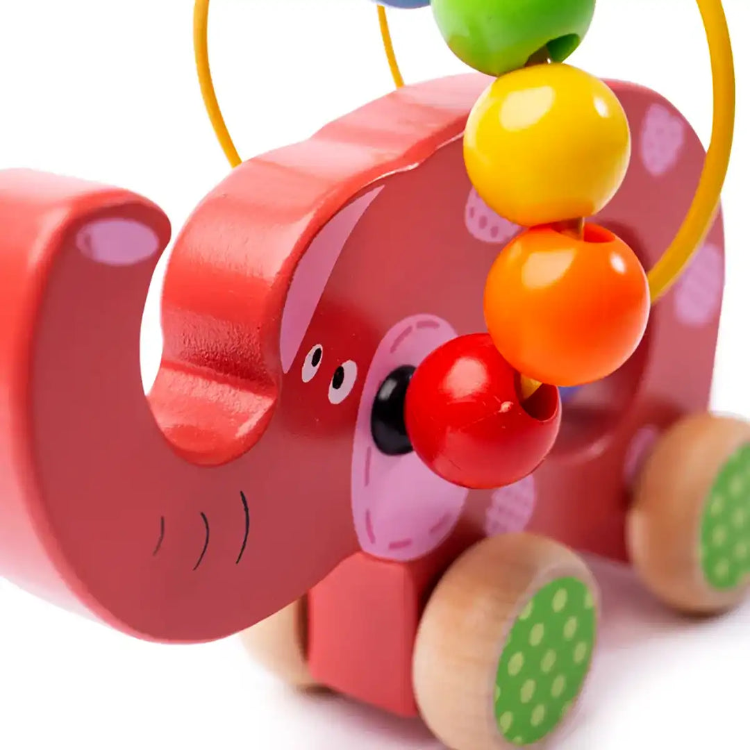 Bigjigs Toys children's push along red elephant with colourful beads on a white background